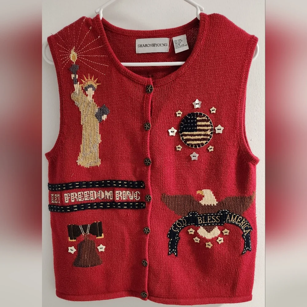 Sharon Young Red Knit Vest with Patriotic Motifs, Size M - Picture 1 of 3